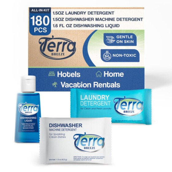 Deterjen Cuci dan Sabun Cuci Piring Perjalanan | Terra Breeze 1-Shoppe Amenities Kit | Sabun Piring dan Sabun Cuci | 180 Buah