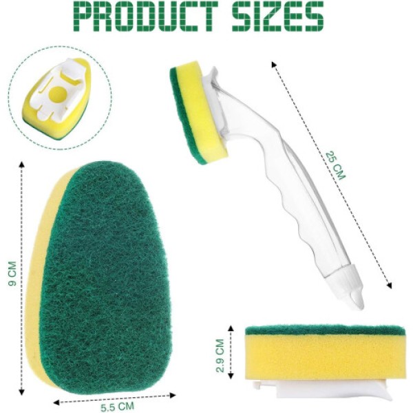 Tongkat Pencuci Piring Tugas Berat, 1 Tongkat dengan 7 Kepala Pengganti, Spons Pencuci dengan Pegangan, Spons Gosok untuk Dapur