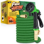 Flexi Hose 伸縮ガーデンホース 50FT ヘビーデューティー水ホース 伸縮ホース 2cm真鍮継手付き 伸縮設計 スプレーノズル含む