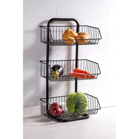 Rak Penyimpanan Dapur Keranjang Logam 3 Tingkat untuk Buah dan Sayuran