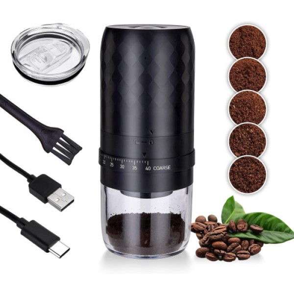 (ブラック) ポータブル バーコーヒーグラインダー 電動 40段階グラインド設定 円錐型バー 充電式コーヒー豆グラインダー クリーナーブラシ付き