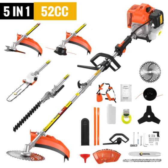 5 in1 52cc Petrol Brush Cutter & Strimmer, Hedge Trimmer & Tree Pruner