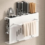 壁掛け式食器ラック - 白色のキッチン食器ラック、まな板ホルダー付き、機能的な収納ラック、ナイフ、フォーク、ヘラを収納