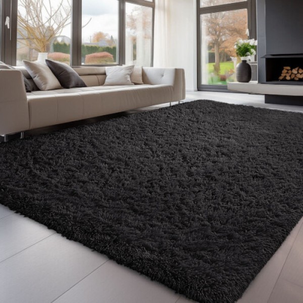(160cm x 230cm (5ft 3in x 7ft 6in) - Large Area Rug) Black Fluffy Long Pile Carpet Corridor Rug