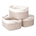The Univivi three-piece storage basket set includes: a rope towel basket, a white bathroom storage basket, a living room woven blanket basket, and a shoe basket.
