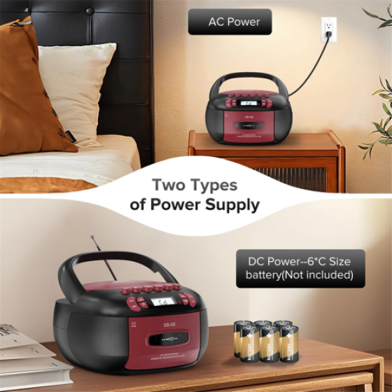 CDプレーヤー、カセットプレーヤー、AM/FMラジオ、Bluetoothスピーカー、ヨーロッパプラグ