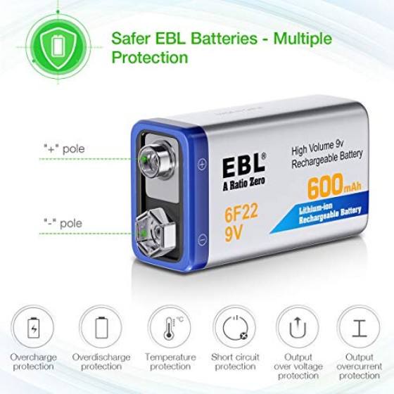 Baterai Isi Ulang EBL 9 Volt 600mAh Li-ion dengan Charger Baterai 9V LCD Pintar untuk Baterai Isi Ulang 9V Lithium-ion/Ni-MH/Ni-CD