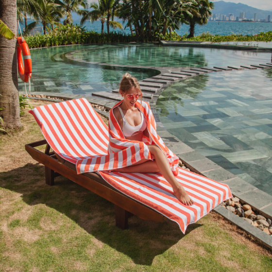 Arkwright California Chaise Lounge Cover - Case of 12 - Striped Soft Cotton Cabana Towel with Pocket Holder for Beach Pool Outdoor Chair 30 x 85 in.